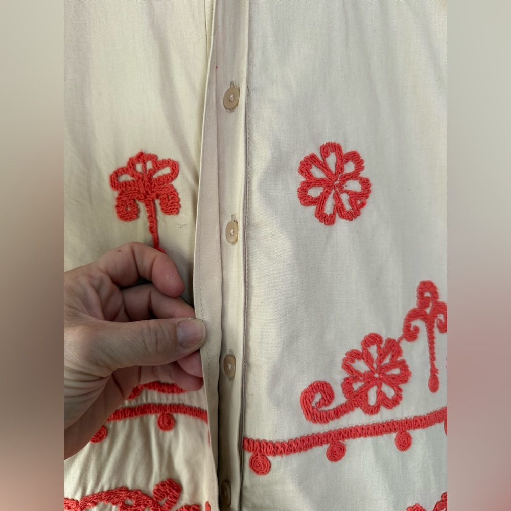 Maeve Anthropologie Embroidered Shirt Dress Utility Safari Style Tan Coral Large - Picture 10 of 15